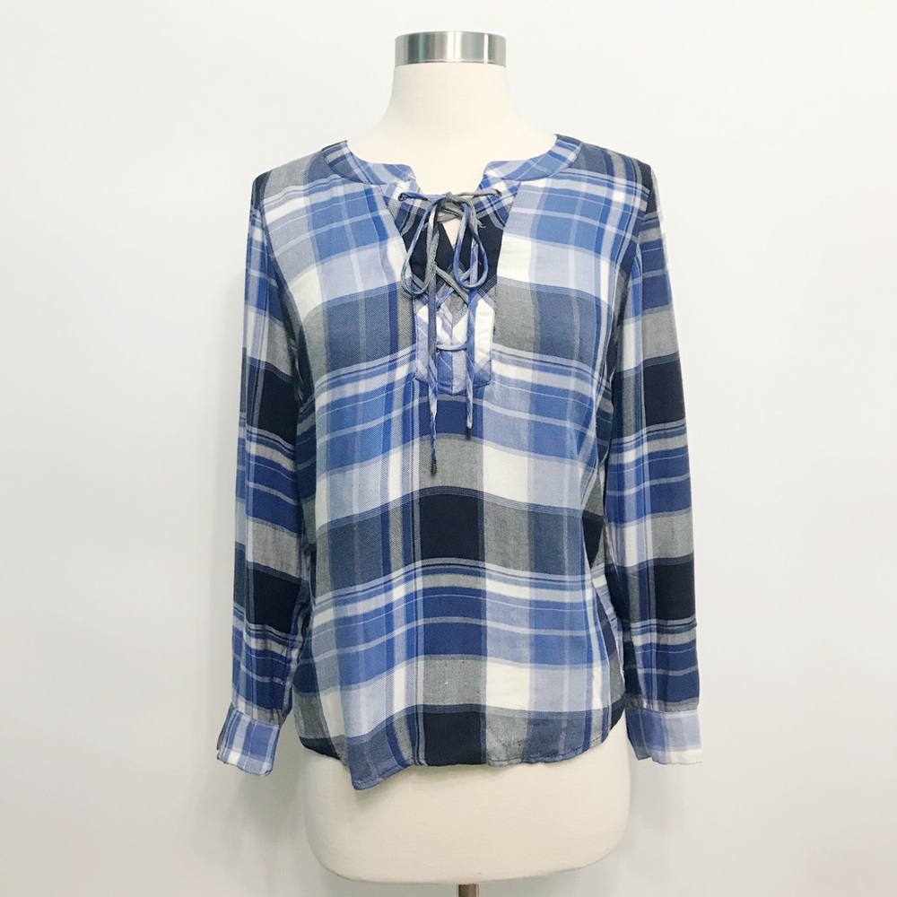 talbots | roxbury blue plaid lace-up blouse petite s - Picture 2 of 8